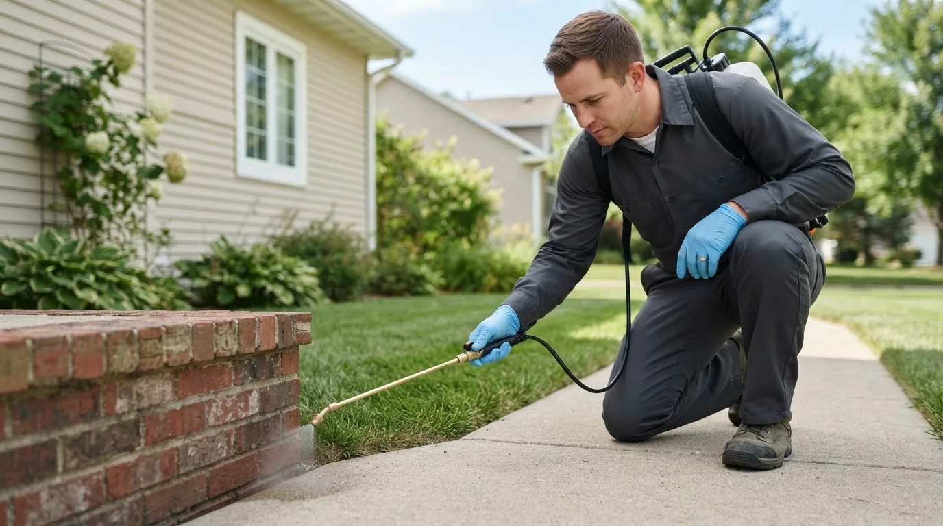 Pest control technician treating a home near Warren Center, PA